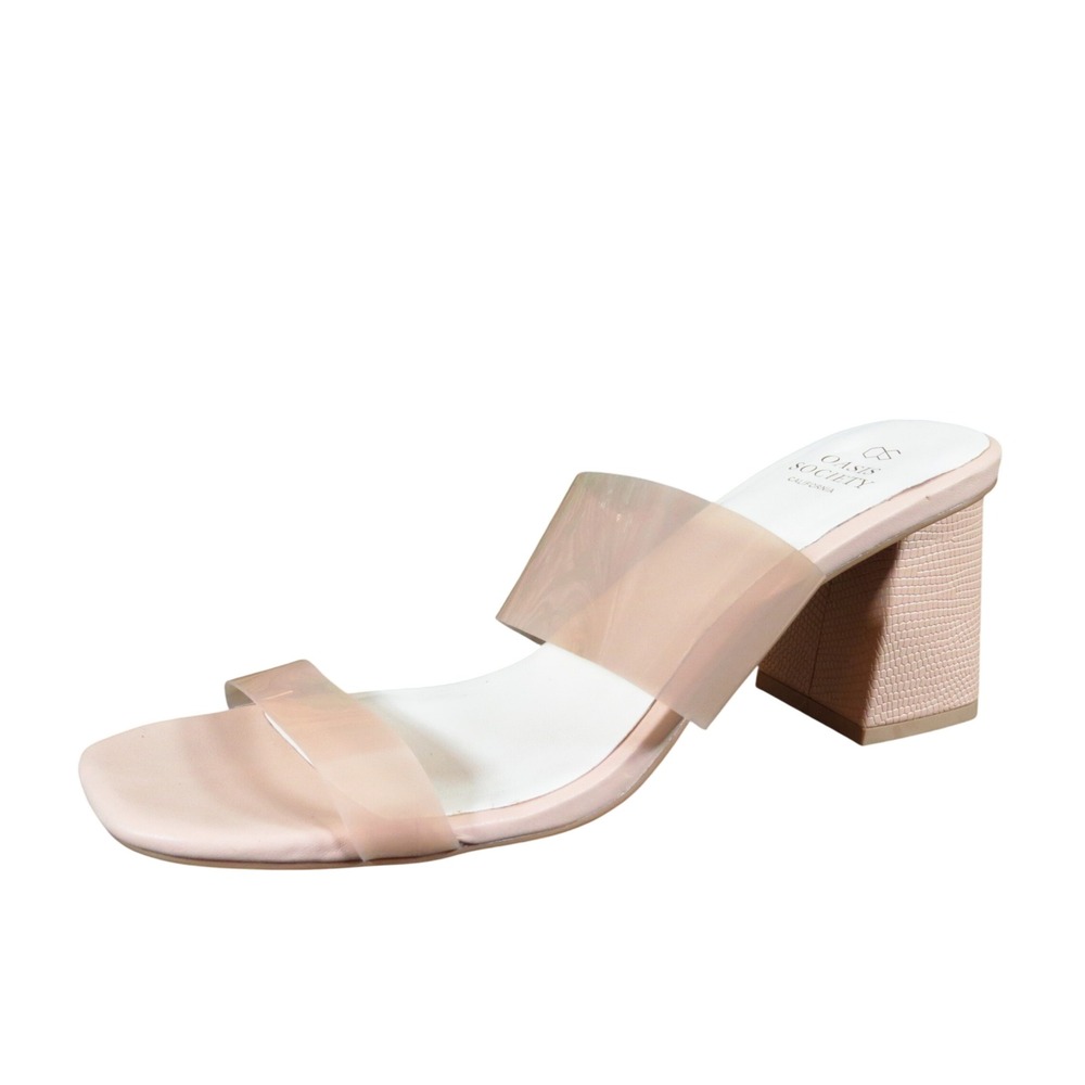 Oasis Society Women Block Heel Slide Sandal Size 9 Dressy Nude Clear PVC Straps